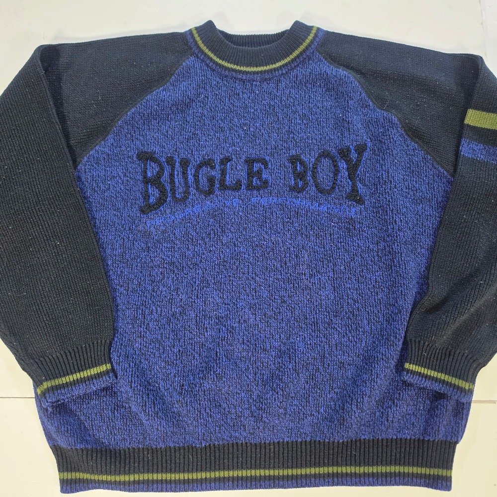 Vintage Bugle Boy Blue Black Embroidered Logo Raglan Crewneck Sweater Mens XL